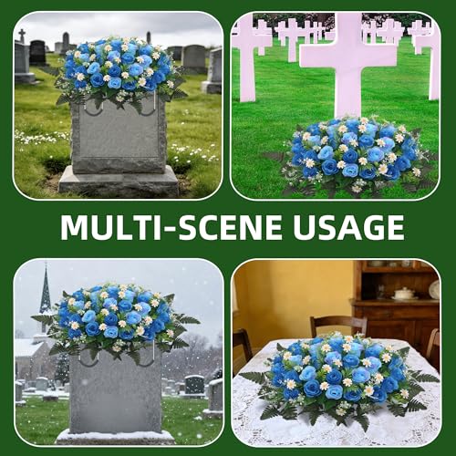 Wocst Headstone Flower Saddle,Large Artificial Cemetery Flowers for Grave Artificial Roses Daisy Saddle for Cemetery Headstone (Blue) - color: Blue