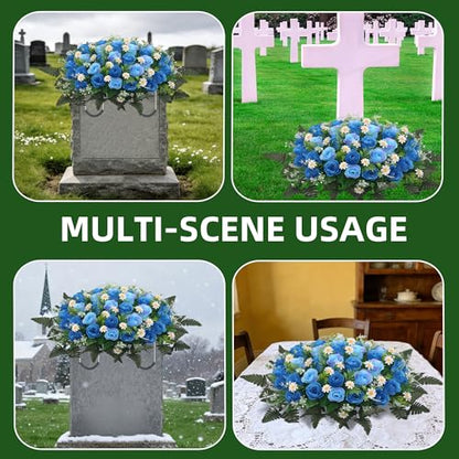Wocst Headstone Flower Saddle,Large Artificial Cemetery Flowers for Grave Artificial Roses Daisy Saddle for Cemetery Headstone (Blue) - color: Blue