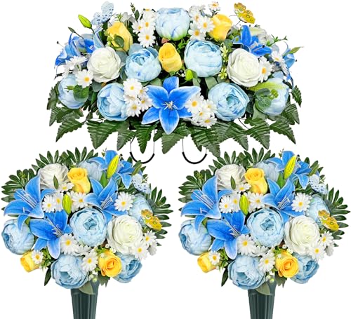 Cemetery Flowers with Grave Vase and Headstone Flower Saddle of Blue Hibiscus Rose Daisy Lily, Sympathy & Memorial Tributes