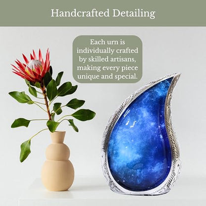 NORSE'S TRADECRAFT Teardrop Urn for Ashes Adult Male & Female with Blue Cosmic Swirl Design | Handcrafted Metal Cremation Urn with Velvet Bag | Memorial Gifts for Funeral - 60 cu in