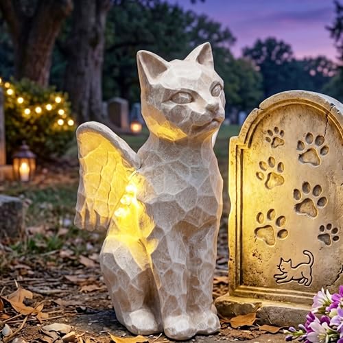 Solar Angel Cat with LED Lights, Cat Memorial Statue for Outdoor - color: Cat With Wings