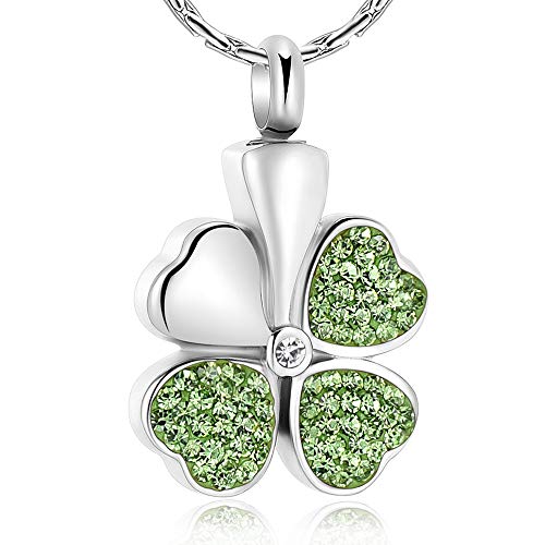 constantlife Cremation Jewelry Memorial Urn Necklace for Ashes Lucky Four-Leaf Clover Design Stainless Steel Pendant Keepsake - color: Silver+Light Green