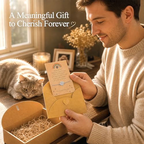 Paw Print Memorial Bracelet for Pet Loss, Pet Memorial Gifts for Loss of Dog or Cat, Rainbow Bridge Sympathy Bracelet for Women Men, Remembrance Gift for Pet Lovers
