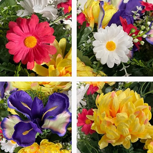 Sympathy Silks 30" Spring Headstone Flowers Saddle - Purple Iris, Yellow Mum, Daisies - Grave Flowers - Mother's Day Spring Flowers