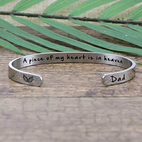 Memorial Gifts for Loss of Mom Dad In Memory of Jewelry Sympathy Bracelet | Bereavement Cuff Secret Message Engraved Grief Gifts for Women - style: Dad Memorial-A piece of my heart is in heaven