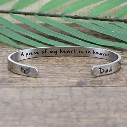 Memorial Gifts for Loss of Mom Dad In Memory of Jewelry Sympathy Bracelet | Bereavement Cuff Secret Message Engraved Grief Gifts for Women - style: Dad Memorial-A piece of my heart is in heaven