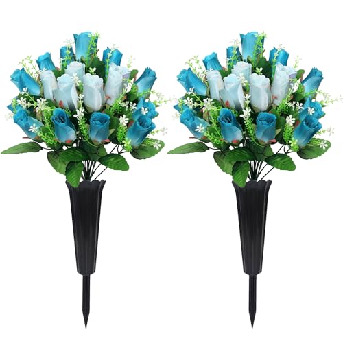 2 Sets Artificial Cemetery Flowers with Vase – Memorial Flowers Bouquet & Heavy-Ground Spike Vases – Fade-Proof, Windproof Grave Memorial Flowers for Cemetery Headstones Decoration (Deep blue white) - color: Deep Blue White