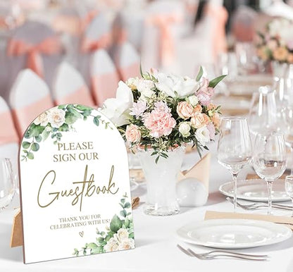 White Rose Please Sign Our Guestbook Sign, Wedding Ceremony Signs, 6 x 8 Inch Arch Wooden Tabletop Sign with Stand, Wedding Reception Decoration Supplies (BJ02) - color: Please Sign Our Guestbook