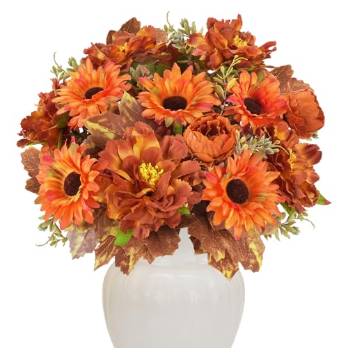13in 6Pcs Fall Artificial Sunflower, Burnt Orange Flowers for Grave - color: Caramel Dahlia