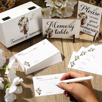 Gilprop 112 Pcs Celebration of Life Memory Cards Set Share a Memory Cards with Box 2 Wood Sign with 4 Hold and 5 Pens, Sympathy Memorial Gifts Funeral Keepsake Decorations(Cross) - style: Cross