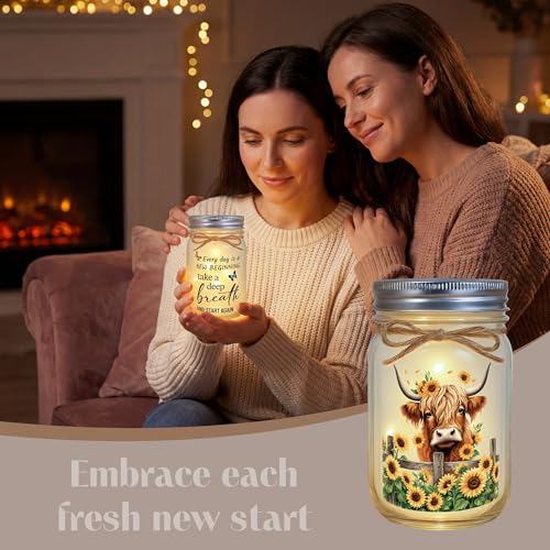 Highland Cow Inspirational Gifts for Women - Double-Sided Decorative Mason Jar Light, New Beginning Self Care Motivational Sunflower Decor Gift for Friends Daughter Sister Coworker - style: Highland Cow Gifts