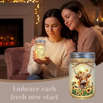 Highland Cow Inspirational Gifts for Women - Double-Sided Decorative Mason Jar Light, New Beginning Self Care Motivational Sunflower Decor Gift for Friends Daughter Sister Coworker - style: Highland Cow Gifts