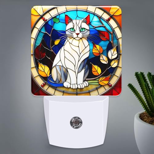 Cat Stained Glass Night Lights Plug into Wall for Room, Cat Night Light LED for Bedroom - color: Cat