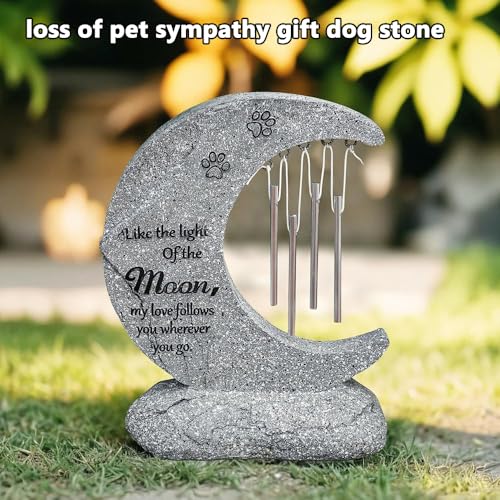 Pet Dog Memorial Stone Headstone Grave Marker with Windchimes | Pet Gravestone for Dog Lost, Moon Shape, Weatherproof, Handmade of Resin, Sympathy Pet Dog Cat Memorial Gifts Outdoor