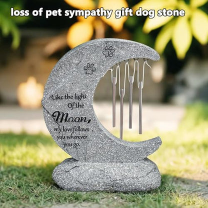 Pet Dog Memorial Stone Headstone Grave Marker with Windchimes | Pet Gravestone for Dog Lost, Moon Shape, Weatherproof, Handmade of Resin, Sympathy Pet Dog Cat Memorial Gifts Outdoor