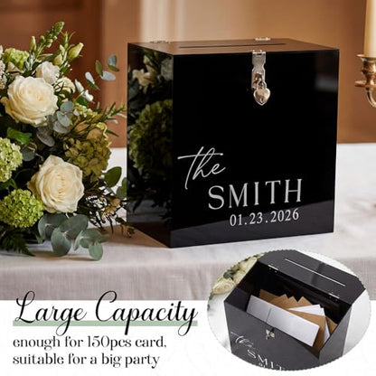 Novabright 10 Inches Wedding Acrylic Card Box with Slot Lock and Last Name Transfers Money Box for Bridal Shower Wedding, Baby Shower Birthday Party, No Assembly Needed(Black,Classic Style) - color: Black, style: Classic Style
