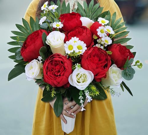 Artificial Flowers for Cemetery with Vase,Cemetery Flowers for Grave Vase,Florist Create Memorial Tombstone Bouquet:Red Peony,White Rose Mix Arrange,Weather Resistant,Easy use - size: 1bouquet with 1vase