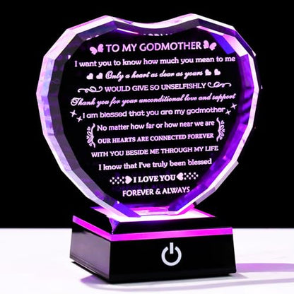 Arikyrist Godmother Gifts from Godchild with Colorful Light Base, Birthday Gift for Godmother Crystal Heart Keepsake, To My Godmothers Gifts from Goddaughter Godson on Mothers Day Christmas - style: Godmother Gifts + Light Base
