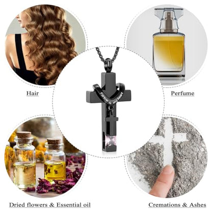 Oinsi Black Cross Urn Necklace For Ashes Of Loved Ones With Birthstone Always In My Heart Cremation Jewelry Keepsake Pendant Women Men - color: Light Purple Stone