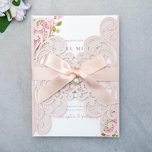 20Pcs Blush Pink Laser Cut Wedding Invitation Cards With Envelopes - color: Blush Pink
