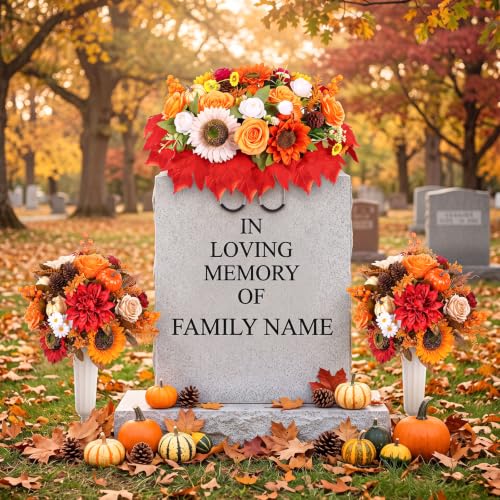Giegxin 3 Pcs Fall Headstone Flower Saddle Cemetery Grave Flower Sunflower | Pumpkin Sunflower Maple Leaves Rose Pine Cone, Autumn Artificial Memorial Flower with Vase, Thanksgiving Floral Arrangement - color: Red, Orange, style: Sunflower Mum Pumpkin