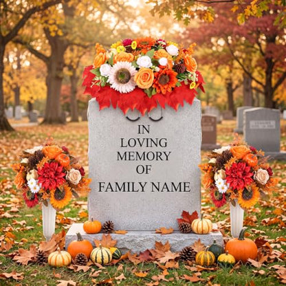 Giegxin 3 Pcs Fall Headstone Flower Saddle Cemetery Grave Flower Sunflower | Pumpkin Sunflower Maple Leaves Rose Pine Cone, Autumn Artificial Memorial Flower with Vase, Thanksgiving Floral Arrangement - color: Red, Orange, style: Sunflower Mum Pumpkin