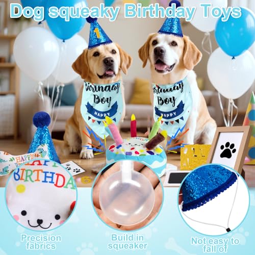 Dog Birthday Toy Set, Dog Squeaky Toys, Includes Squeaky Cake Toy, Plush Bones, Birthday Hats, Bandana, Paw Print Kit & Photo Frame. Pet Gift Supplies, Blue - color: Blue