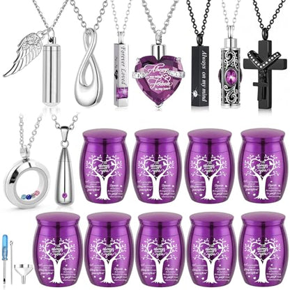 Small Urns for Human Ashes Cremation Urns Keepsake Set of 18 Cremation Jewelry Necklaces for Ashes Stainless Steel Keepsake Cremation Ash Holders Locket for Women Men (18Pcs-Purple) - color: 18pcs-purple