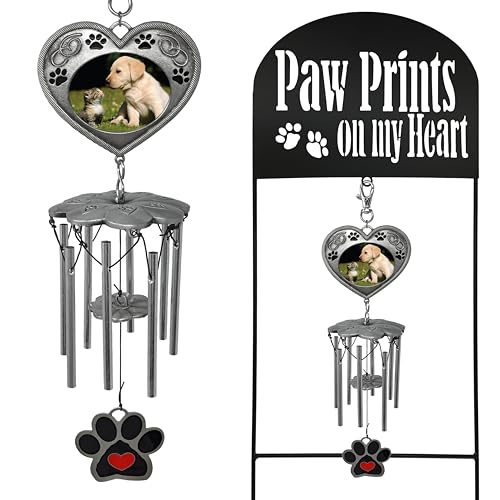 Pet Memorial Garden Stake with Wind Chimes & Photo Frame – Paw Prints on My Heart Pet Loss Gift for Dog or Cat Memorial – Black Wrought Iron Outdoor Grave Marker Sympathy Gift – 22.5"