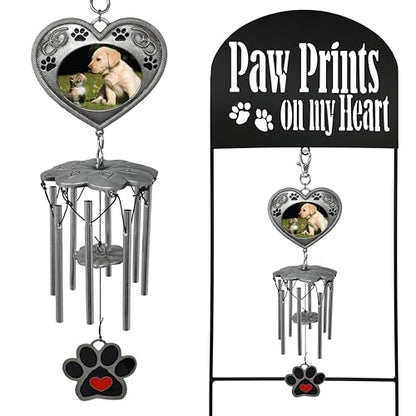 Pet Memorial Garden Stake with Wind Chimes & Photo Frame – Paw Prints on My Heart Pet Loss Gift for Dog or Cat Memorial – Black Wrought Iron Outdoor Grave Marker Sympathy Gift – 22.5"