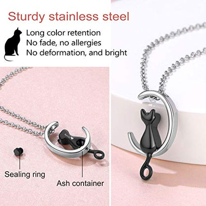 FindChic Personalized Urn Necklaces for Ashes Vertical Bar/Moon Cat/Sand Clock/Dog Claw Pendant Stainless Steel/18K Gold Plated/Black Waterproof Keepsake Cremation Jewelry with Funnel, with Gift Box - color: 2. cat (black)