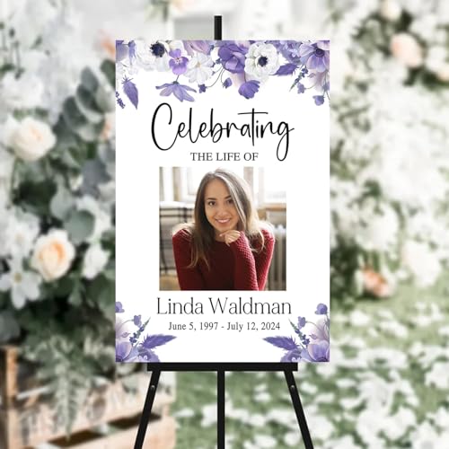 Personalized Photo Funeral Sign - Purple Floral Celebration Of Life Photo Sign - In Loving Memory Sign - Celebration Of Life Banner - Large Funeral Sign - Funeral Program - Funeral Decorations - Celebration Of Life Poster - Memory Signs For Funeral - colo