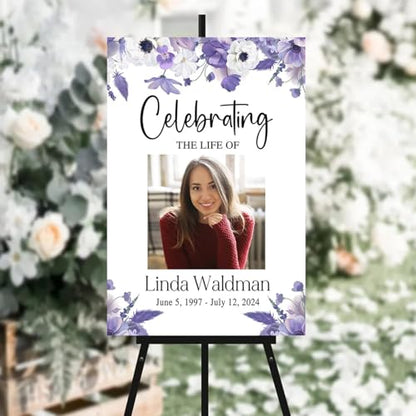 Personalized Photo Funeral Sign - Purple Floral Celebration Of Life Photo Sign - In Loving Memory Sign - Celebration Of Life Banner - Large Funeral Sign - Funeral Program - Funeral Decorations - Celebration Of Life Poster - Memory Signs For Funeral - colo