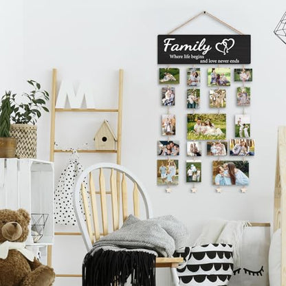 Family Collage Picture Frames,Housewarming Gifts | Gifts for Family Members Hanging Photo Display,Where Life Begins and Love Never Ends Wood Hanging Photo Holder for Wall - color: Family