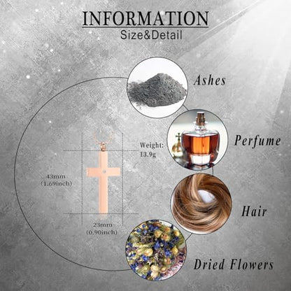 Crystal Cross Necklace for Ashes Stainless Steel Keepsake Cremation Jewelry Religious Cross Memorial Urn Necklace for Pet Human Ashes Gifts - color: Rosegold
