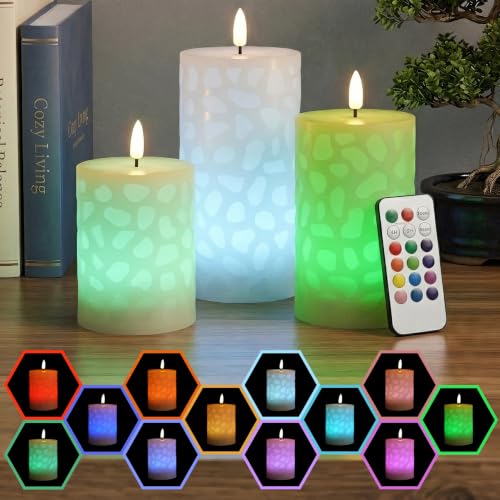 NICEME 3PCS LED Multi Colored Flameless Candles Pillar Battery Operated Flickering 3D Wick Flame Color Changing Candles with Remote Control Carving Real Wax Electric Fake Candles, D3” x H4” 5" 6" - color: Ivory Bubble, size: D 3”×H 4”5”6”