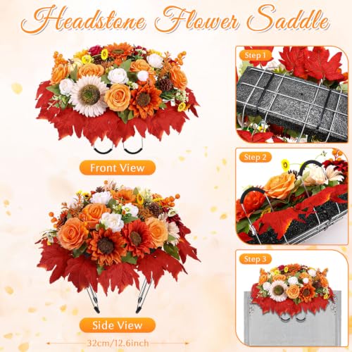 Giegxin 3 Pcs Fall Headstone Flower Saddle Cemetery Grave Flower Sunflower | Pumpkin Sunflower Maple Leaves Rose Pine Cone, Autumn Artificial Memorial Flower with Vase, Thanksgiving Floral Arrangement - color: Red, Orange, style: Sunflower Mum Pumpkin