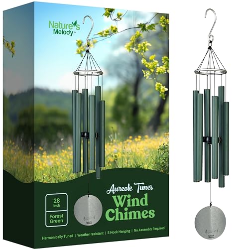 Nature’s Melody Aureole Tunes Wind Chimes – Outdoor Windchime with 6 Tubes Tuned to B Pentatonic Scale, 100% Rustproof Aluminum, Powder Finish & S Hook Hanger for Sympathy, Memorial Gift or Zen Garden - color: Forest Green, size: 28"