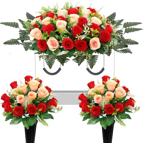 Large Artificial Cemetery Flowers for Grave,Headstone Flower Saddle 3Pcs Realistic Grave Memorial Flowers with Vase for Outdoor Tombstone Decorations (Red White) - color: Red White