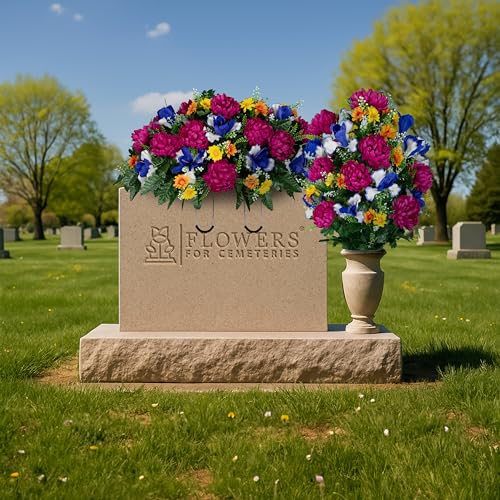 Sympathy Silks - Artificial Flowers for Cemeteries - Fuchsia Mums with Blue Iris - (1) Headstone Saddle (1) Bouquet - size: (1) Saddle (1) Bouquet