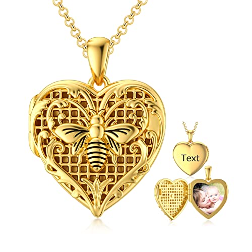SOULMEET 10K 14K 18K Solid Gold Personalized Sunflower/Starburst/Cross/Rose/Lotus/Butterfly/Turtle/Celtic/Bee Heart Locket Necklace That Holds Picture Gift Choice - style: M-Solid gold bee locket+photo+text