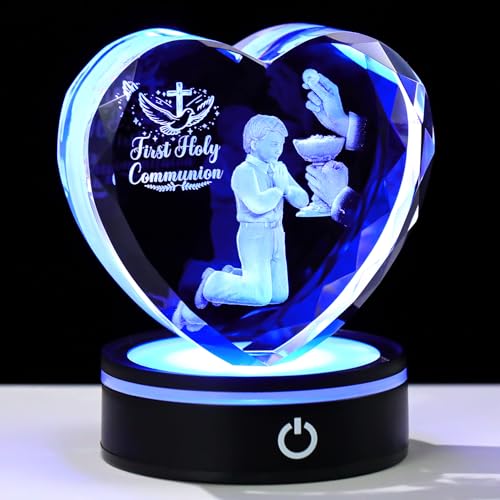 Ornalrist 3D Crystal First Holy Communion Gifts for Boys Him Religious Gift | Glass Heart Laser Engraving Communion Baptism Gifts for Men with LED Light Base, Catholic Christian Presents, Home Decor - color: First Holy Communion Gifts for Boy