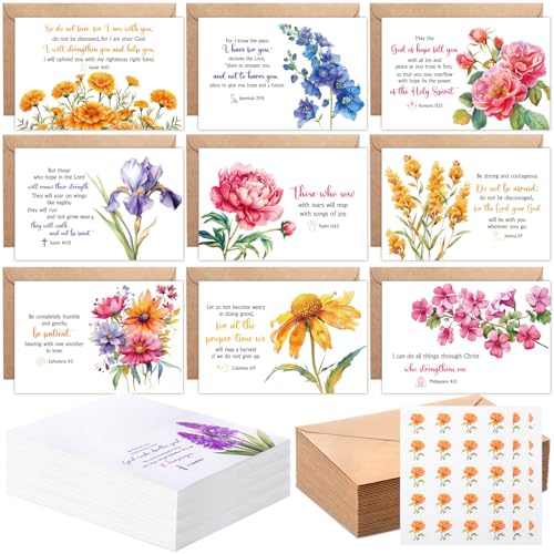 100 Sets Bible Verse Cards, with Envelopes Stickers, Floral | Christian Greeting Cards, Religious Encouragement Note Scripture Inspirational for Baptism, Birthday, Wedding, Friends Gifts - style: Floral