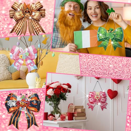Cinnvoice Seasonal Diamond Art Hanging Kit,12 Pcs,Bow | Holiday Diamond Art Wreath Ornament, Month Gem Hanging Sign, Festival Crystal Suncatcher, for Door Window Wall Home Decor - style: Bow