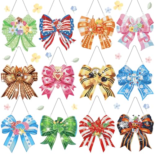 Cinnvoice Seasonal Diamond Art Hanging Kit,12 Pcs,Bow | Holiday Diamond Art Wreath Ornament, Month Gem Hanging Sign, Festival Crystal Suncatcher, for Door Window Wall Home Decor - style: Bow