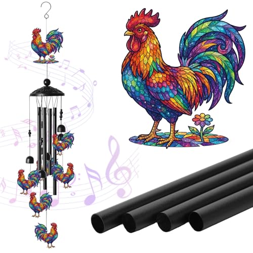 Rooster Wind Chimes for Outside, Chicken Outdoor Hanging Decor, Farmhouse Gift with Gift Box, Windchime with Aluminum Tubes for Garden Yard Patio Porch Home Decoration - color: Rooster