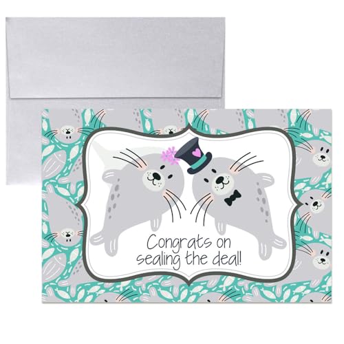 Funny Wedding Card for Newlyweds – Sealing the Deal Silly Seal Themed Greeting for Bride and Groom Wedding Day- Congratulations to the Happy Couple 4X6 inch Card with Silver Envelope Included - style: Seal
