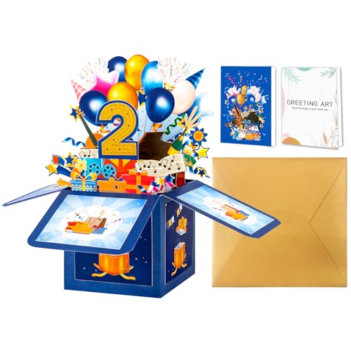 GREETING ART Happy 2nd Birthday Pop Up Card,Funny Guitar Ballons Box Themed - color: 2nd