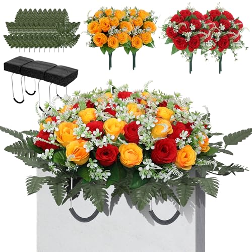 Lodou Artificial Cemetery Flower Saddles for Graves – 10 Pcs Silk Fern & 40 Realistic Rose Blossoms with Metal Headstone Holder –Resistant Memorial Flowers for Tombstone Decor (Red Yellow) - color: Red Yellow