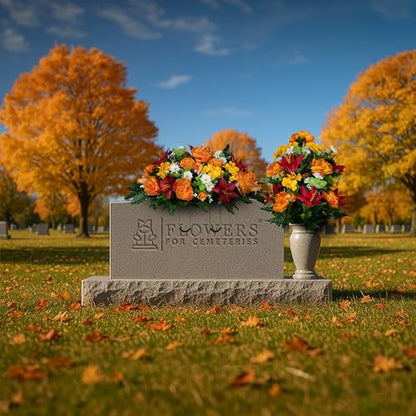 Sympathy Silks Artificial Flowers for Cemeteries - Gravesite Bouquet - Red Lily and Sunrise Peony - (1) Saddle (1) Bouquet - color: Red/Sunrise, size: (1) Headstone Saddle (1) Bouquet